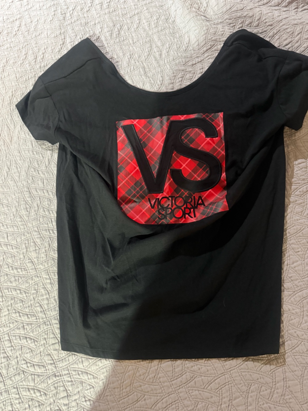 Victoria's Secret Black T-Shirt with Red Plaid VS Logo